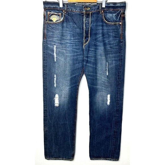 The Year Of Pig Mens Jeans Distressed Gold Silver Embroidered Straight 40x34 - Picture 1 of 16